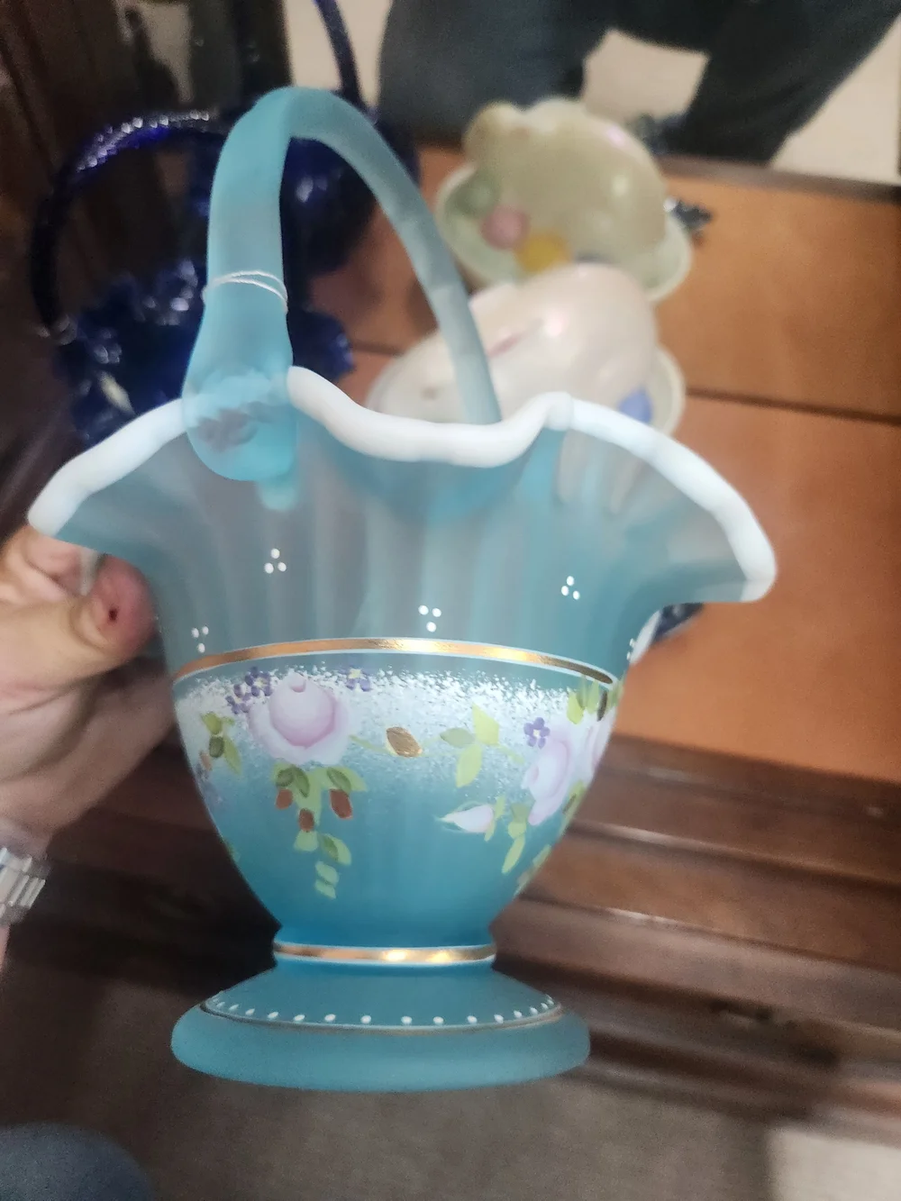 Fenton Aqua and White Hand-Painted Floral Glass Basket with Gold Trim